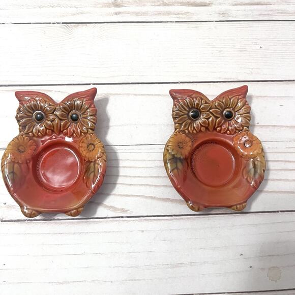 Vintage MCM Owl Trinket Tray Tealight Candle Holder Set of 2 - Picture 1 of 5
